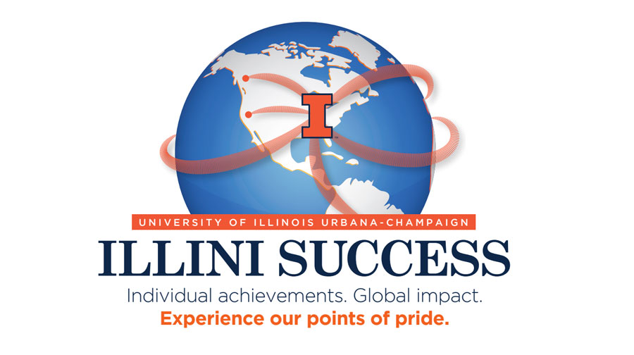 The Illini Success logo features a stylized representation of the Earth, adorned with a prominent letter &quot;I&quot; positioned atop the globe. Below this distinctive imagery, a caption is incorporated: Illini Success Individual achievements. Global impact. Experience our points of pride.